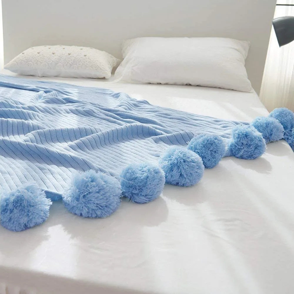 Pom Pom Blue Cotton Blanket