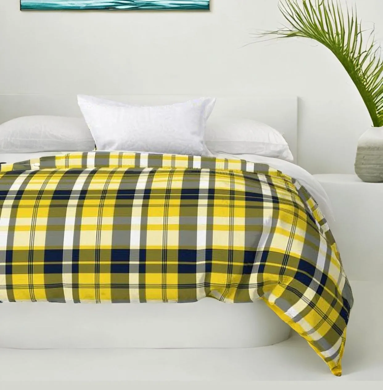 Preppy Surfer Navy Blue and Yellow Plaid Duvet Cover