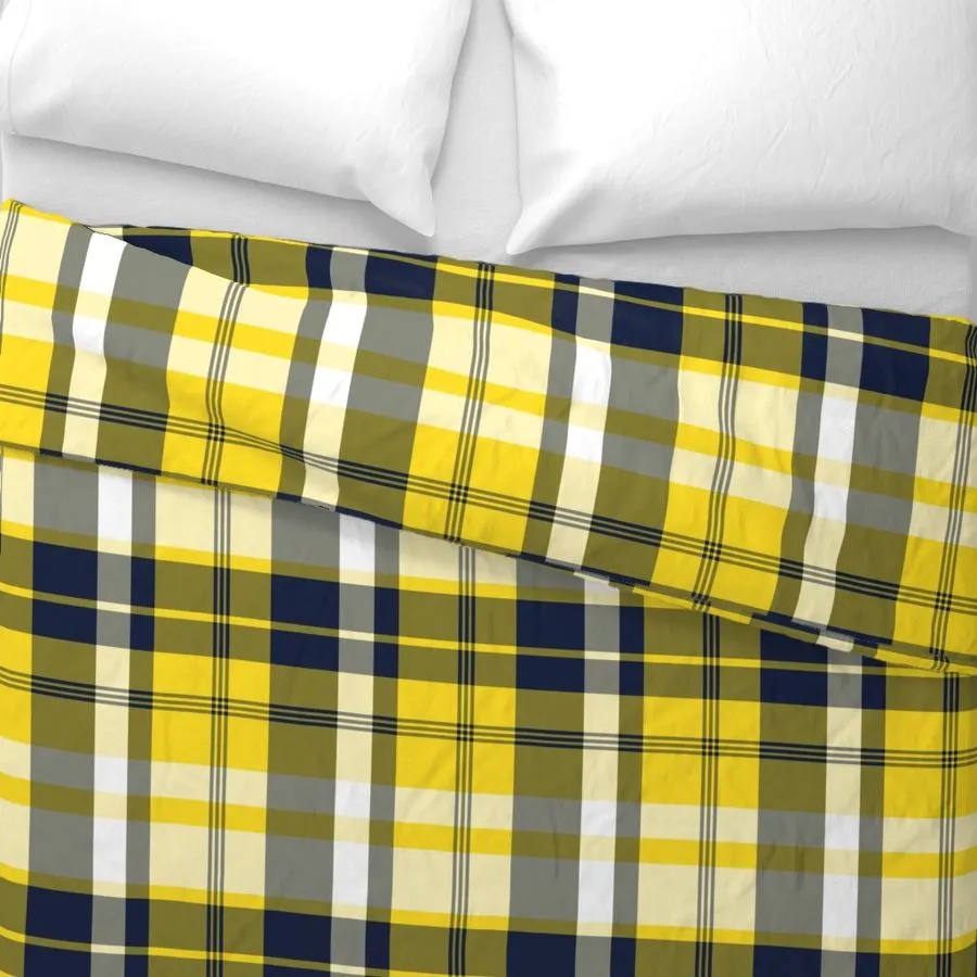 Preppy Surfer Navy Blue and Yellow Plaid Duvet Cover