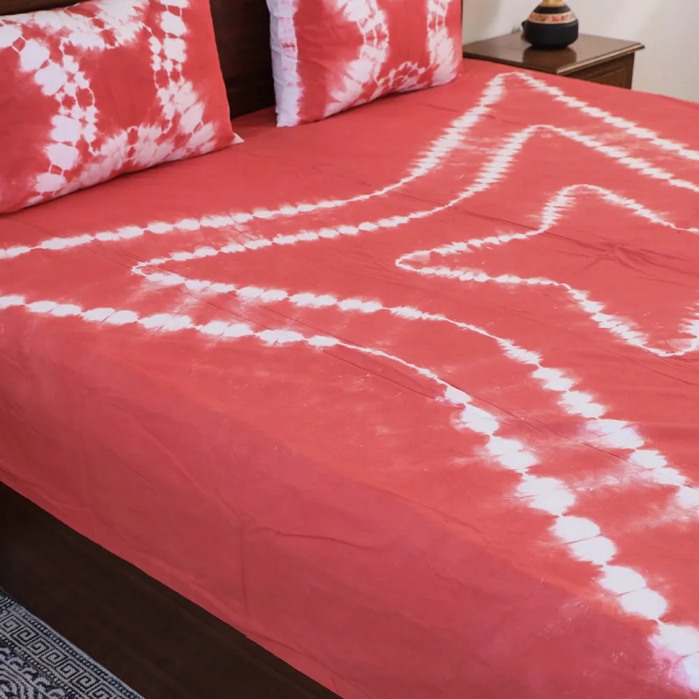 Red - Shibori Tie-Dye Cotton Double Bed Cover with Pillow Covers