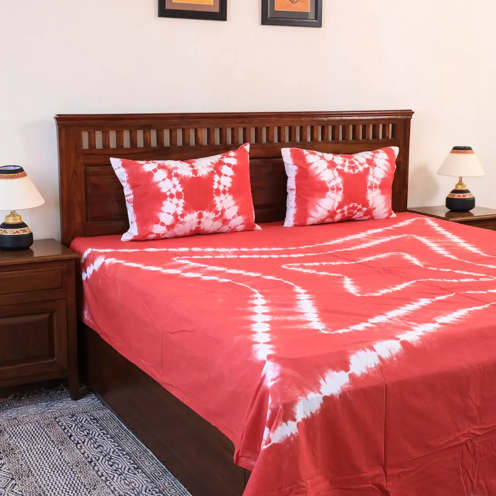 Red - Shibori Tie-Dye Cotton Double Bed Cover with Pillow Covers