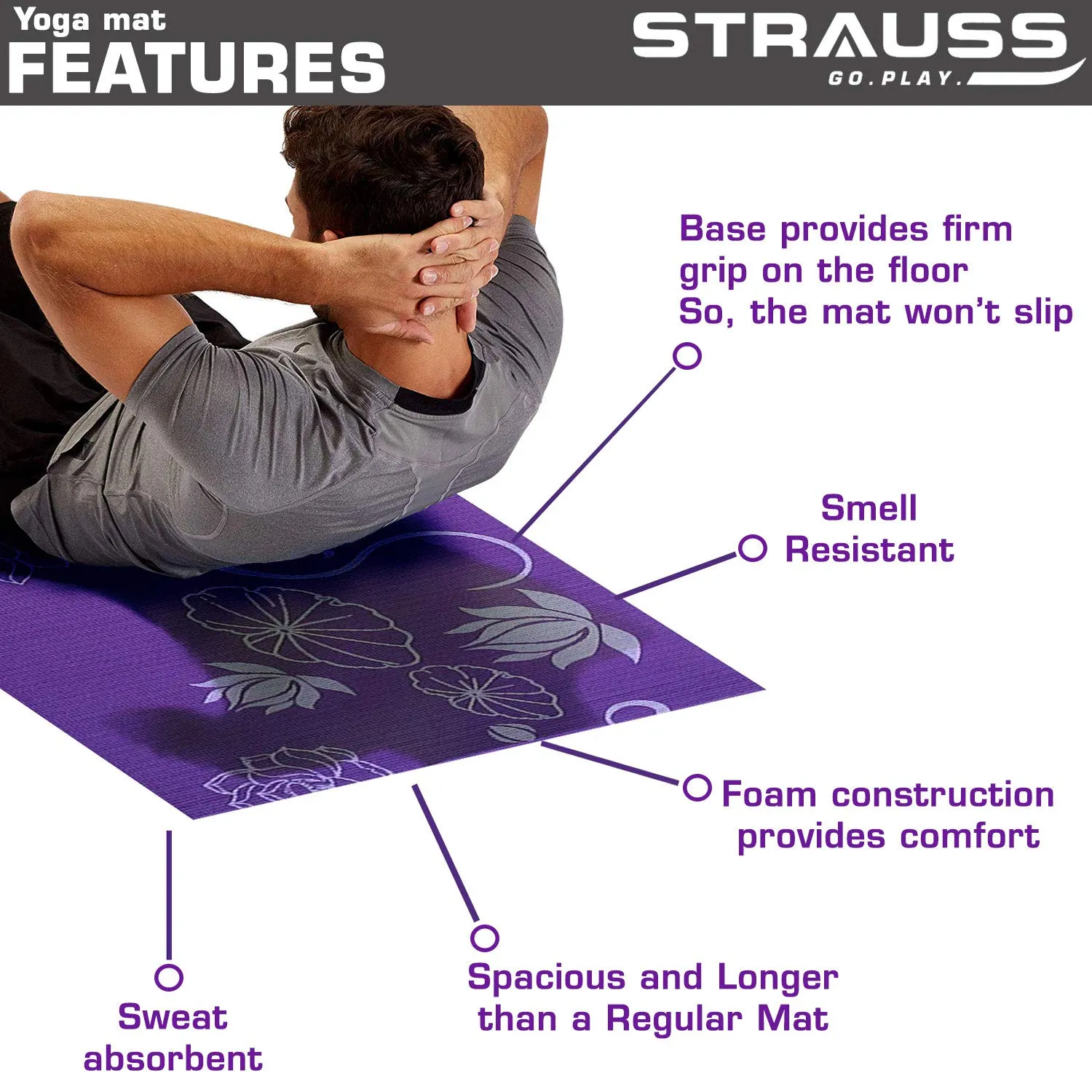 Strauss Yoga Mat, 6mm (Purple Floral) and Cooling Towel, 80 cm, (Purple)