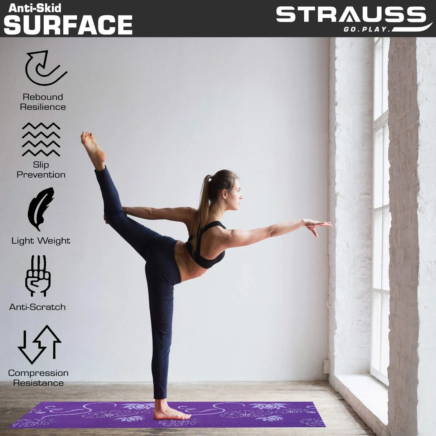 Strauss Yoga Mat, 6mm (Purple Floral) and Cooling Towel, 80 cm, (Purple)