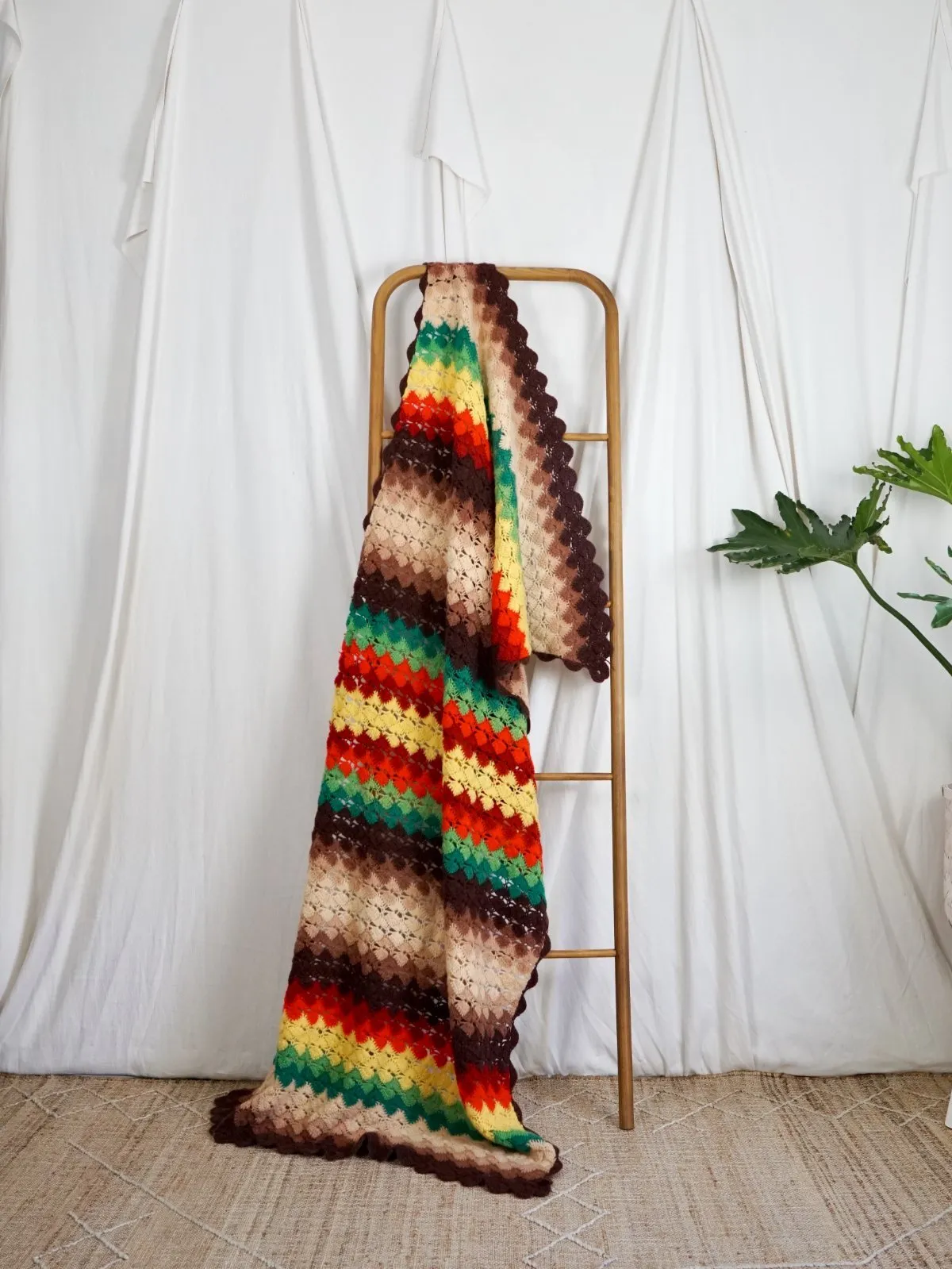 Vintage Wool Crochet Rainbow Blanket