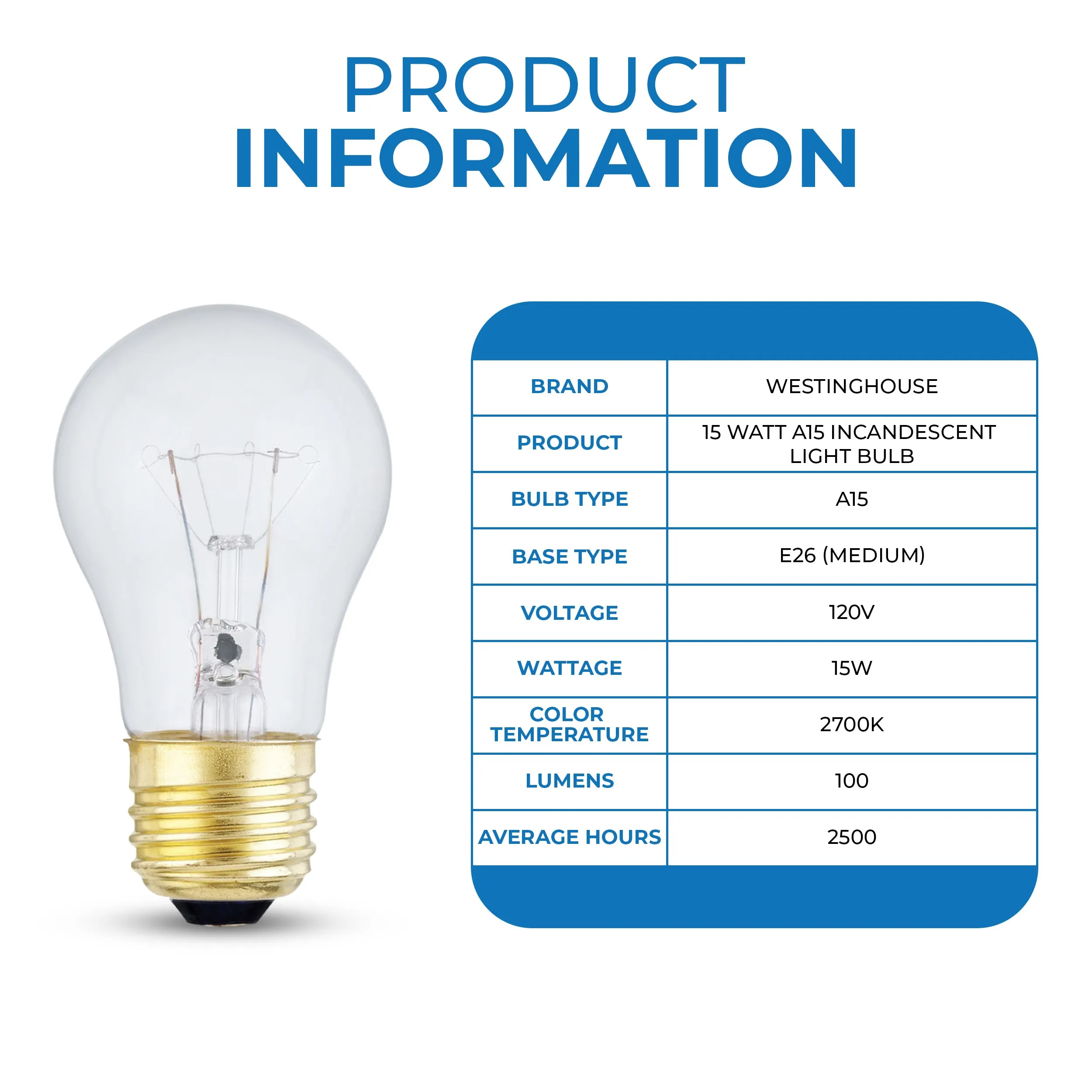 Westinghouse 0399500 15 Watt Incandescent A15 Clear, 2700 Kelvin, Warm White, 100 Lumens, E26-Medium Base, 120 Volt, , 2-Pack