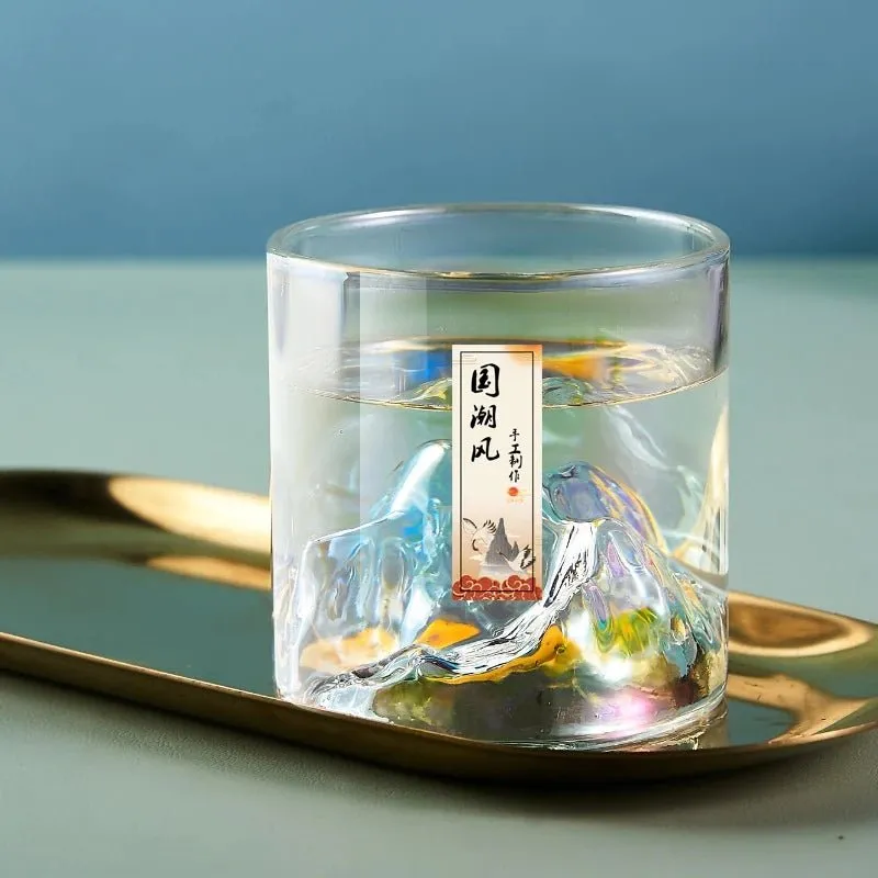 Whisky Glass Cup with 3D Mountain Water Artwork